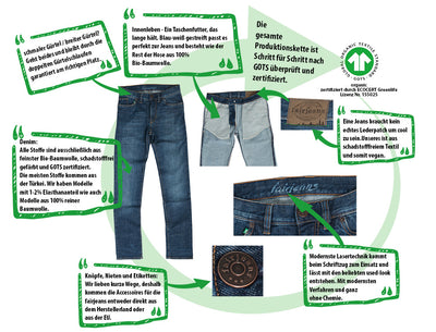 Bei fairjeans wirst du deine nachhaltige Basic Jeans finden. Jede fairjeans ist aus Bio-Baumwolle so umweltfreundlich wie möglich hergestellt.